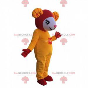 White, yellow and red sheep mascot in Asian dress -
