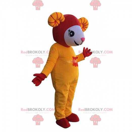 White, yellow and red sheep mascot in Asian dress -