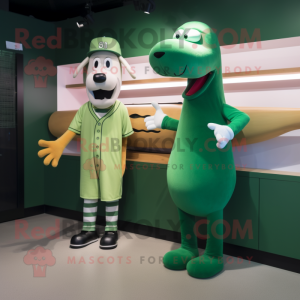 Green Hot Dog mascot costume character dressed with a Henley Tee and Watches
