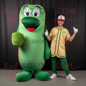 Green Hot Dog mascot costume character dressed with a Henley Tee and Watches