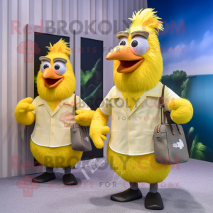 Lemon Yellow Roosters mascot costume character dressed with a Board Shorts and Messenger bags