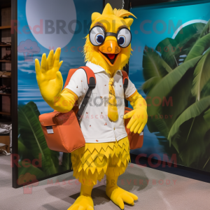 Lemon Yellow Roosters mascot costume character dressed with a Board Shorts and Messenger bags