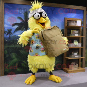 Lemon Yellow Roosters mascot costume character dressed with a Board Shorts and Messenger bags