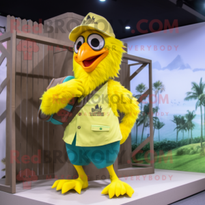 Lemon Yellow Roosters mascot costume character dressed with a Board Shorts and Messenger bags