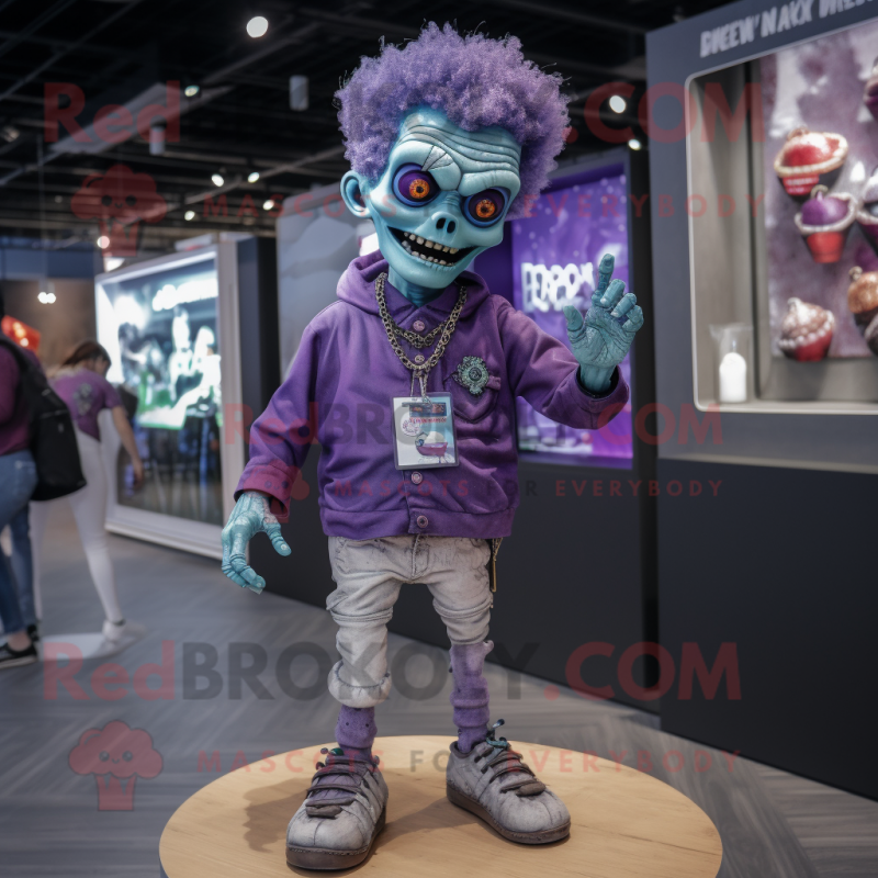 Purple Zombie mascot costume character dressed with a Oxford Shirt and Necklaces Purple Zombie mascot costume character dressed with a Oxford Shirt and Necklaces