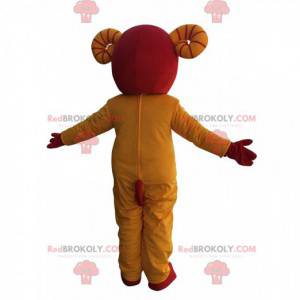 White, yellow and red sheep mascot in Asian dress -