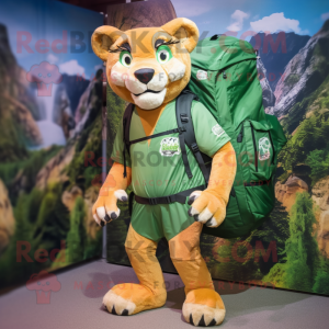 Forest Green Mountain Lion mascot costume character dressed with a Shorts and Backpacks