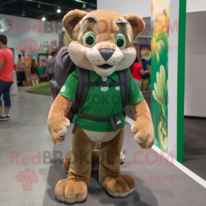 Forest Green Mountain Lion mascot costume character dressed with a Shorts and Backpacks