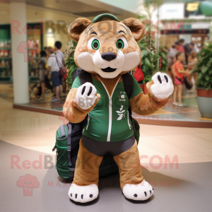 Forest Green Mountain Lion mascot costume character dressed with a Shorts and Backpacks