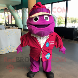Magenta Fish Tacos mascot costume character dressed with a Button-Up Shirt and Bow ties
