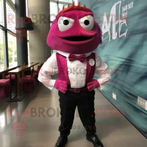 Magenta Fish Tacos mascot costume character dressed with a Button-Up Shirt and Bow ties