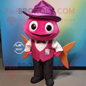 Magenta Fish Tacos mascot costume character dressed with a Button-Up Shirt and Bow ties