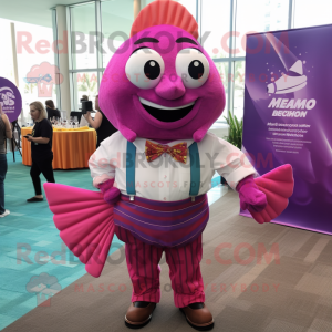 Magenta Fish Tacos mascot costume character dressed with a Button-Up Shirt and Bow ties