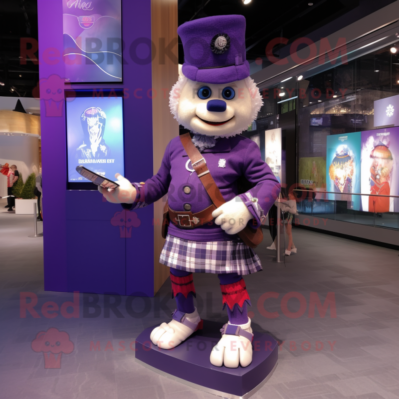 Purple Bagpipe mascot costume character dressed with a Flare Jeans and Digital watches Purple Bagpipe mascot costume character dressed with a Flare Jeans and Digital watches