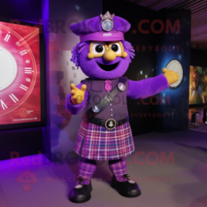 Purple Bagpipe mascot costume character dressed with a Flare Jeans and Digital watches