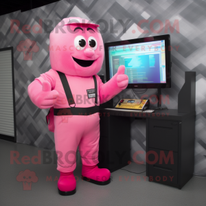 Pink Computer mascot costume character dressed with a Cargo Pants and Gloves