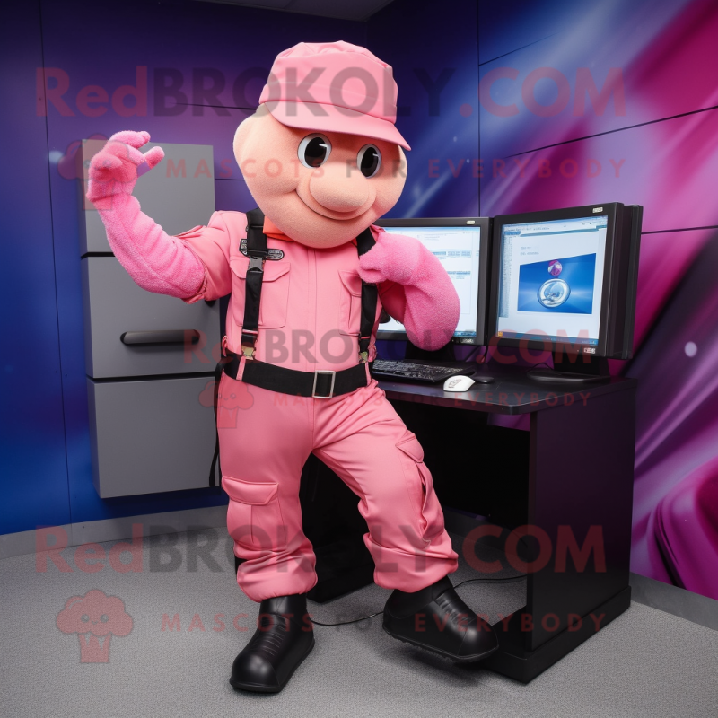 Pink Computer mascot costume character dressed with a Cargo Pants and Gloves