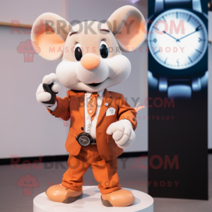 Peach Mouse mascot costume character dressed with a Blazer and Smartwatches