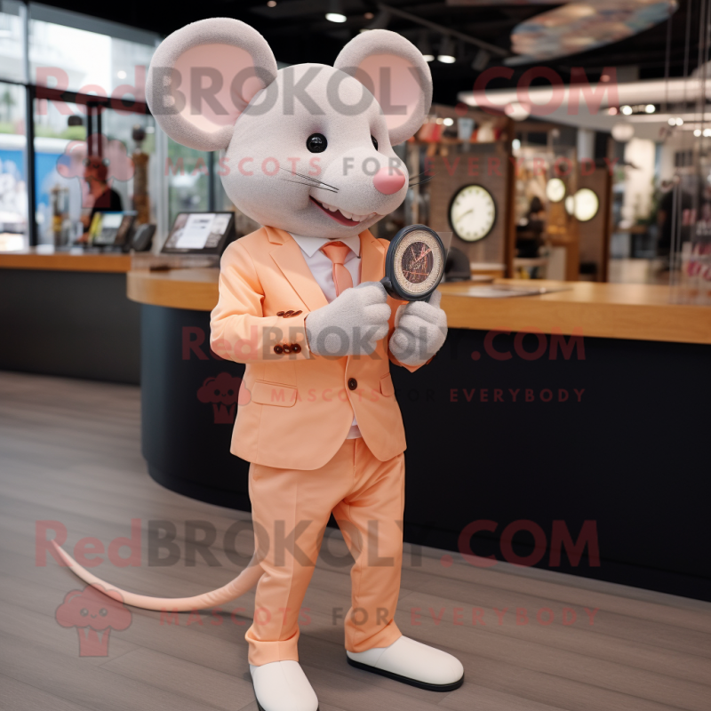 Peach Mouse mascot costume character dressed with a Blazer and Smartwatches Peach Mouse mascot costume character dressed with a Blazer and Smartwatches