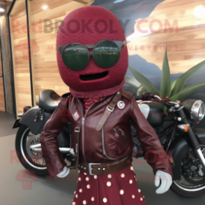 Maroon Cucumber mascot costume character dressed with a Biker Jacket and Headbands