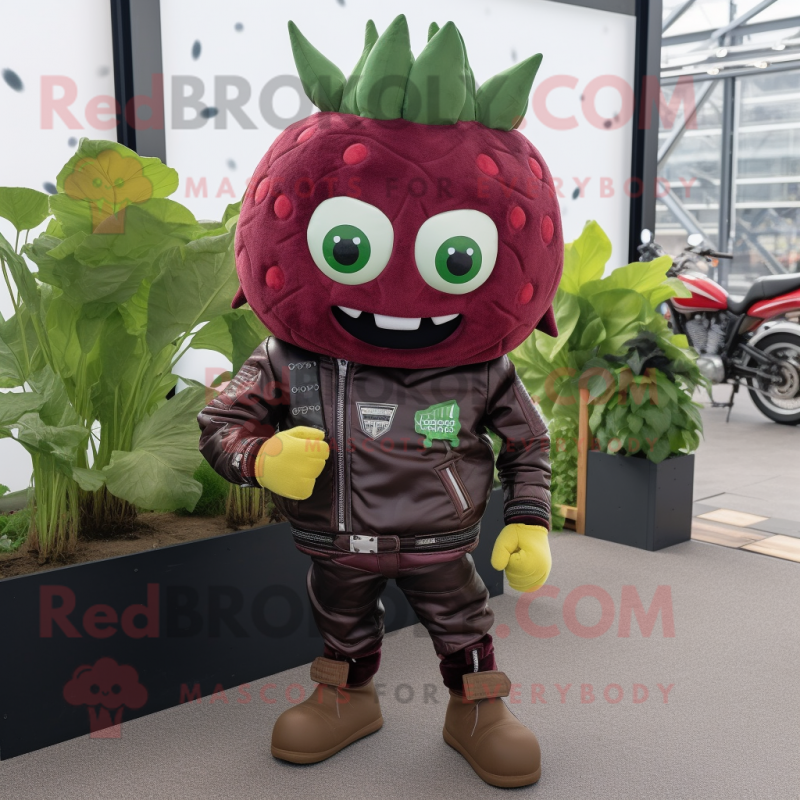 Maroon Cucumber mascot costume character dressed with a Biker Jacket and Headbands