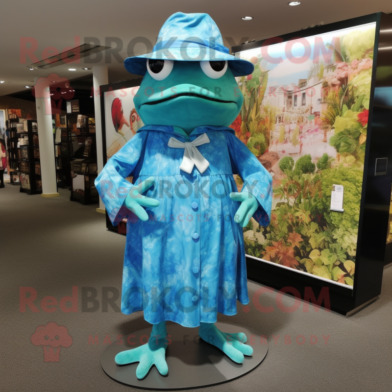 Sky Blue Frog mascot costume character dressed with a Maxi Dress and Hat pins Sky Blue Frog mascot costume character dressed with a Maxi Dress and Hat pins