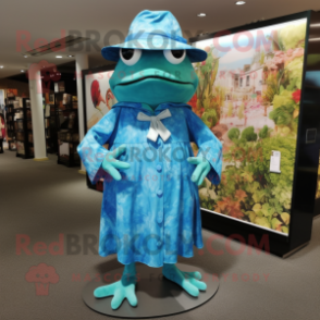 Sky Blue Frog mascot costume character dressed with a Maxi Dress and Hat pins