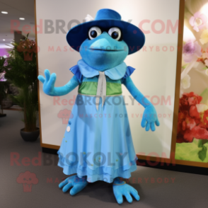 Sky Blue Frog mascot costume character dressed with a Maxi Dress and Hat pins