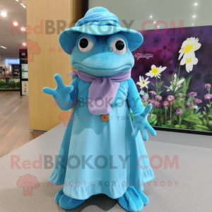Sky Blue Frog mascot costume character dressed with a Maxi Dress and Hat pins
