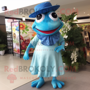 Sky Blue Frog mascot costume character dressed with a Maxi Dress and Hat pins