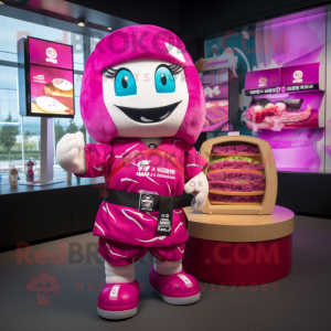 Magenta Sushi mascot costume character dressed with a Rugby Shirt and Coin purses