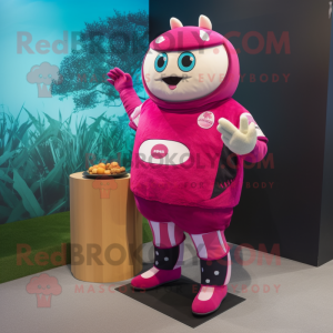 Magenta Sushi mascot costume character dressed with a Rugby Shirt and Coin purses