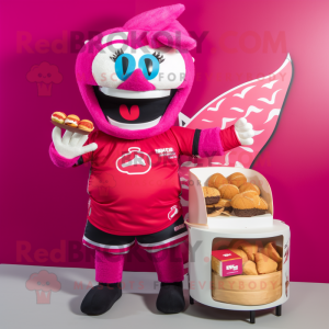 Magenta Sushi mascot costume character dressed with a Rugby Shirt and Coin purses
