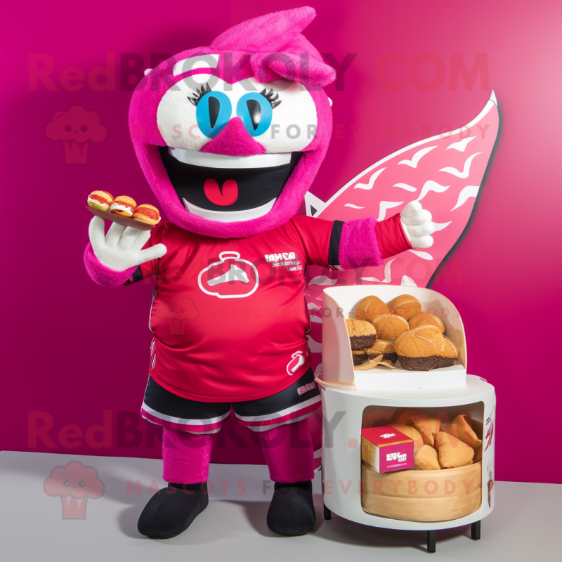 Magenta Sushi mascot costume character dressed with a Rugby Shirt and Coin purses Magenta Sushi mascot costume character dressed with a Rugby Shirt and Coin purses