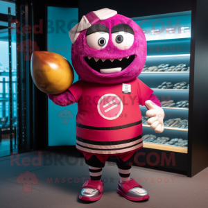 Magenta Sushi mascot costume character dressed with a Rugby Shirt and Coin purses