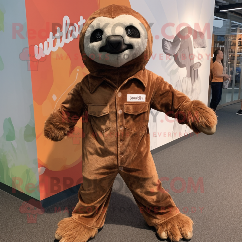 Rust Sloth mascot costume character dressed with a Playsuit and Cufflinks