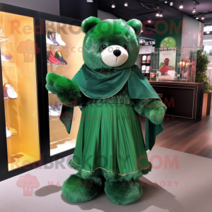 Forest Green Teddy Bear mascot costume character dressed with a Ball Gown and Shawls