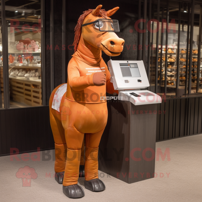 Rust Horse mascot costume character dressed with a Mini Dress and Reading glasses Rust Horse mascot costume character dressed with a Mini Dress and Reading glasses