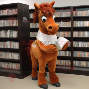 Rust Horse mascot costume character dressed with a Mini Dress and Reading glasses