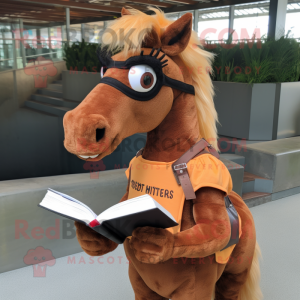 Rust Horse mascot costume character dressed with a Mini Dress and Reading glasses