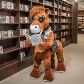 Rust Horse mascot costume character dressed with a Mini Dress and Reading glasses