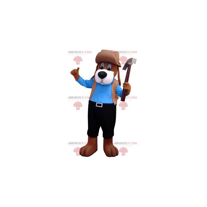 Mascotte de chien marron en tenue bleue et noire -