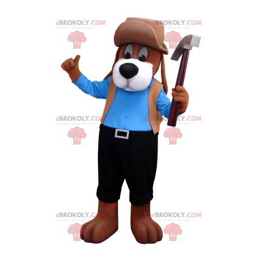 Mascote cachorro marrom em traje azul e preto - Redbrokoly.com