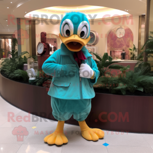 Turquoise Geese mascot costume character dressed with a Corduroy Pants and Bracelet watches