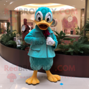 Turquoise Geese mascot costume character dressed with a Corduroy Pants and Bracelet watches