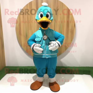 Turquoise Geese mascot costume character dressed with a Corduroy Pants and Bracelet watches