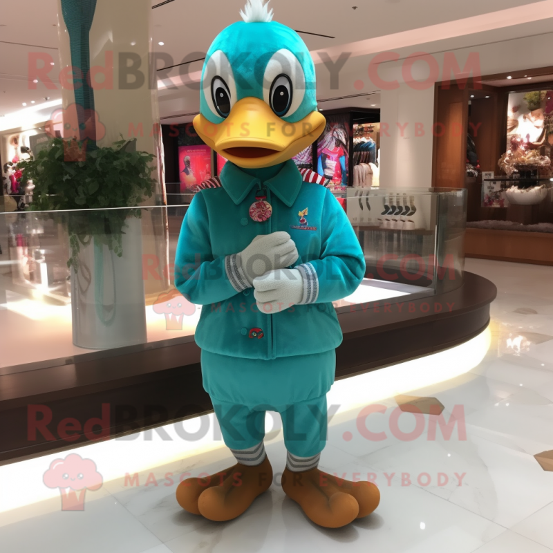 Turquoise Geese mascot costume character dressed with a Corduroy Pants and Bracelet watches