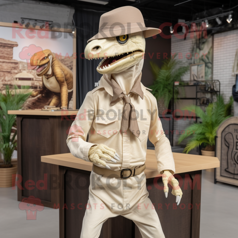 Cream Velociraptor mascot costume character dressed with a Bodysuit and Hats