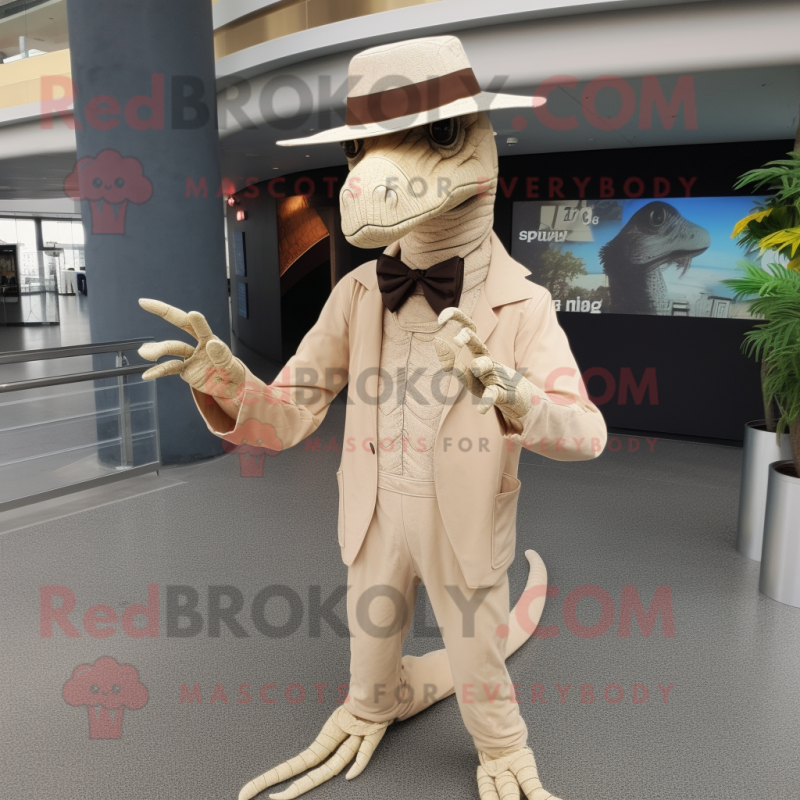 Cream Velociraptor mascot costume character dressed with a Bodysuit and Hats