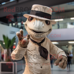 Cream Velociraptor mascot costume character dressed with a Bodysuit and Hats